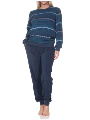 NORMANN Frottee Schlafanzug langarm Bündchen Streifenoptik in blau-mel.