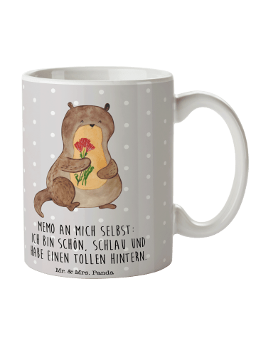 Mr. & Mrs. Panda Kaffeetasse Otter Blumenstrauß mit Spruch in Grau Pastell
