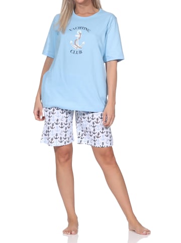 NORMANN Kurzarm Pyjama Schlafanzug Shorty Maritimer Look in hellblau