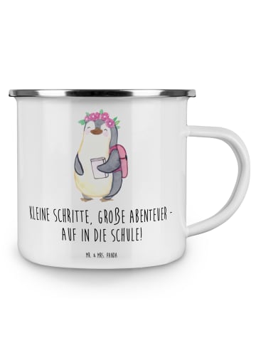Mr. & Mrs. Panda Becher Emaille Schulanfang Abenteuer mit Spruch in Weiß