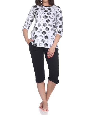NORMANN Kurzarm Capri Schlafanzug Pyjama Tupfen Punkte Look in schwarz