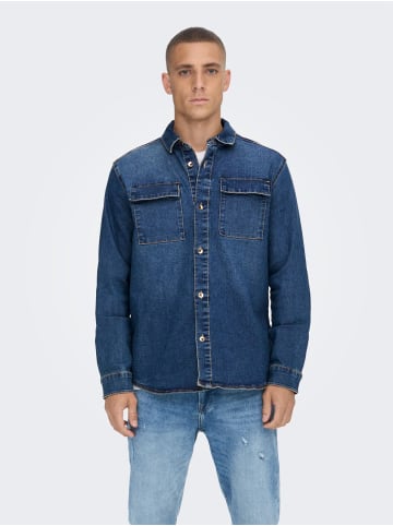 Only&Sons Jeans Hemd Denim Langarm Shirt Freizeit Shacket ONSCAMON in Blau