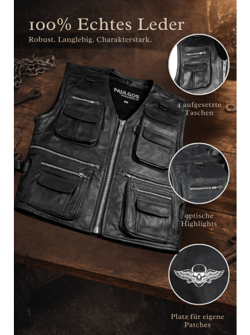 PAULGOS Lederweste Biker Kutte Echtleder BW11 in Schwarz