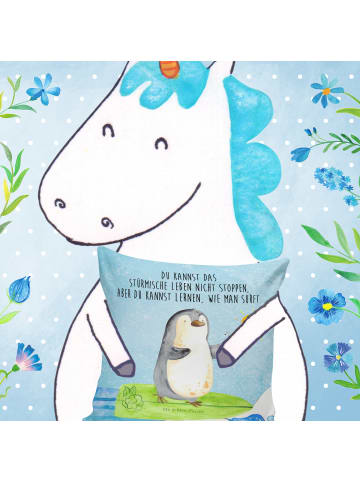 Mr. & Mrs. Panda Sofakissen Pinguin Surfer mit Spruch in Eisblau