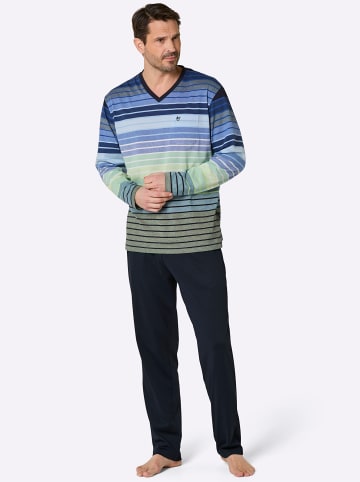 hajo Schlafanzug in marine-pistazie-geringelt