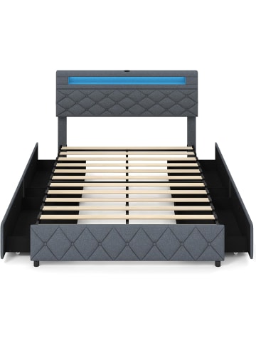COSTWAY Polsterbett 140 x 200 cm mit LED-Beleuchtung in Grau