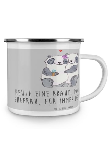 Mr. & Mrs. Panda Camping Emaille Tasse Braut Liebe mit Spruch in Heather Grey