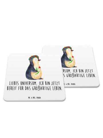Mr. & Mrs. Panda Untersetzer für Gläser Pinguin Blumen mit Spruch in Weiß