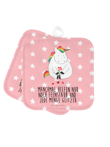 Mr. & Mrs. Panda 2er Set Topflappen  Einhorn Traurig mit Spruch in Rot Pastell