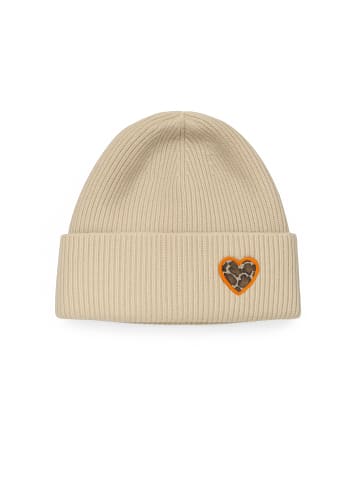 Faera Strickmütze mit Umschlag gerippt warm Herz Patch in Creme