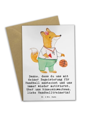Mr. & Mrs. Panda Grußkarte Handball Trainerin Dankeschön mit Spruch in Weiß