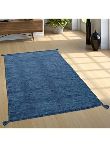 KADIMA DESIGN Baumwollteppich Unifarben mit Fransen wendbar in Blau