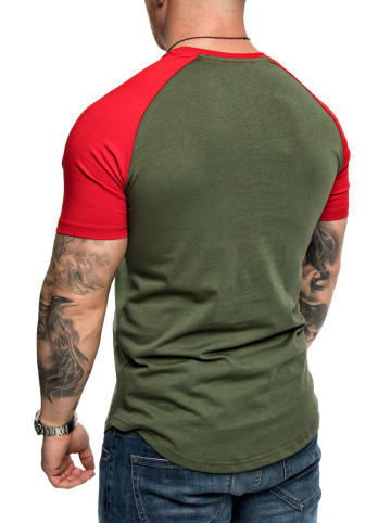 Amaci&Sons Basic Oversize Raglan T-Shirt mit Rundhalsausschnitt OMAHA in Khaki/Rot