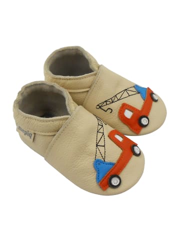Mepiq Elfenbeinfarbene Baby-Leder-Laufschuhe, mit rutschfester Sohle - Lastwagenmotiv