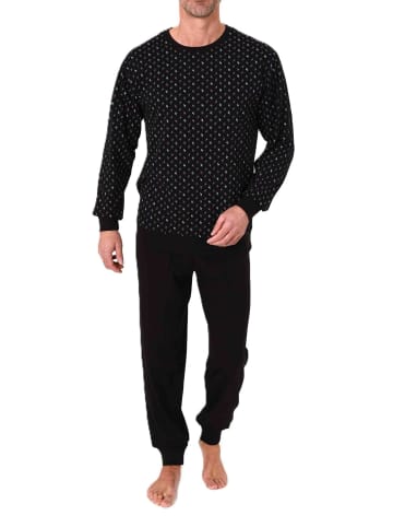 NORMANN Langarm Schlafanzug Pyjama Bündchen Minimalprint in schwarz