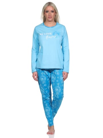 NORMANN Verspielte Pyjama lang Schlafanzug floralem Muster - 75116 in hellblau