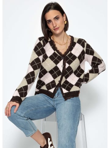 SASSYCLASSY Strickjacke mit Rautenmuster und Spitzenborte in Braun