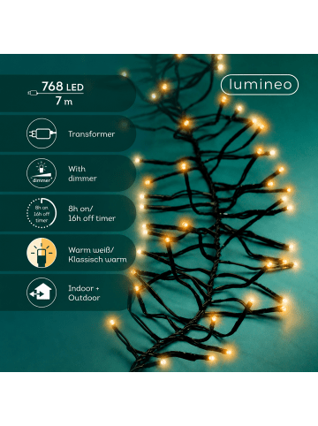 LUMINEO Lichterkette CLUSTER 768 LED 7 m, schwarzes Kabel in warm weiß/klassisch warm
