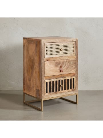 KADIMA DESIGN Industrial Nachttisch, Mango Massivholz/Rattan, 3 Schubladen