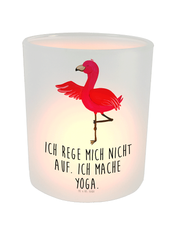 Mr. & Mrs. Panda Windlicht Glas Flamingo Yoga mit Spruch in Transparent