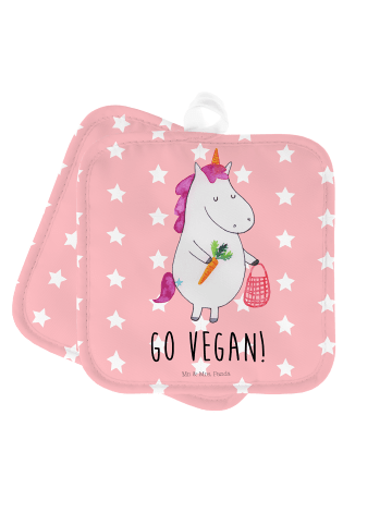 Mr. & Mrs. Panda 2er Set Topflappen  Einhorn Vegan mit Spruch in Rot Pastell