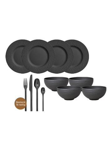 Villeroy & Boch 24er Set Tafelservice mit Besteck Manufacture Rock in schwarz