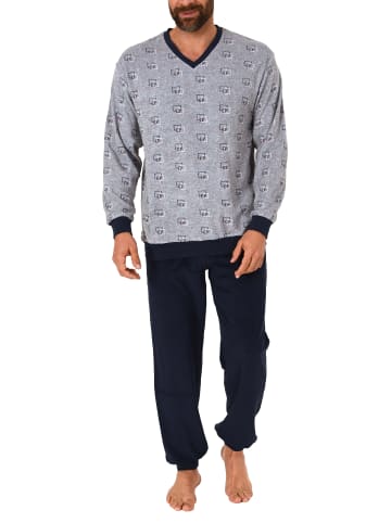 NORMANN Frottee Pyjama Schlafanzug lang Bündchen print in grau