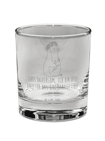 Mr. & Mrs. Panda Whiskey Glas Pinguin Blumen mit Spruch in Transparent
