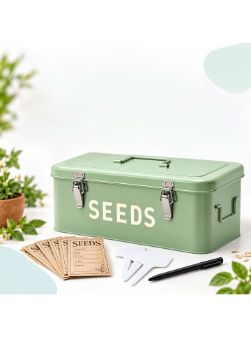 relaxdays Saatgut Aufbewahrungsbox in Salbei - (B)33 x (H)13 x (T)18 cm