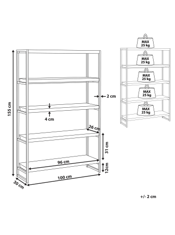 Beliani Bücherregal TIFTON in Braun/Schwarz - (W) 100 x (H) 155 x (L) 30 cm