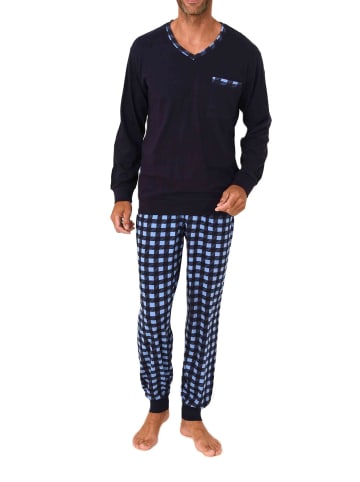 NORMANN Langarm Schlafanzug Bündchen und karierter Jersey Pyjamahose in marine