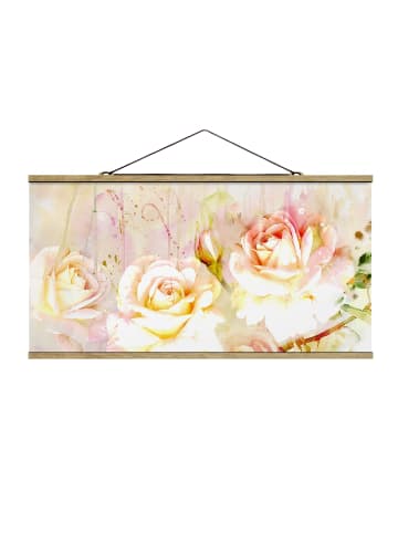 WALLART Stoffbild mit Posterleisten - Aquarell Blumen Rosen in Creme-Beige