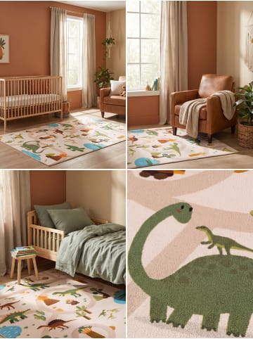 KADIMA DESIGN Kinderteppich Dinosaurier Waschbar Rutschfest Spielteppich in Beige