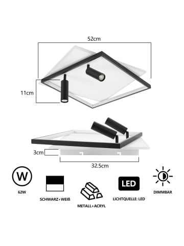 ZMH Deckenlampe LED in schwarz und weiß Dimmbar eckig 2-flammige Deckenspot L 52cm
