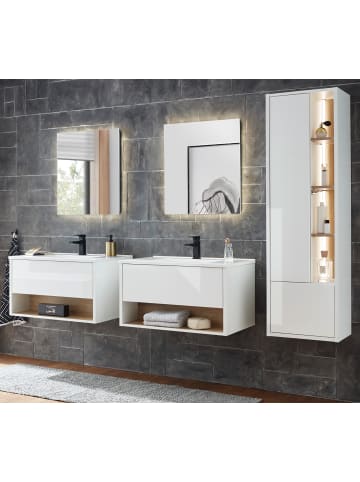Furn.Design Badmöbel Set in weiß Hochglanz, Eiche mit Waschbecken und LED Beleuchtung
