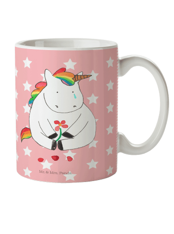 Mr. & Mrs. Panda Schulkind Tasse Einhorn Traurig ohne Spruch in Rot Pastell
