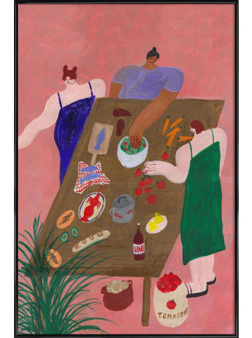 Juniqe Poster in Kunststoffrahmen "At the Dinner Table" in Bunt & Rosa