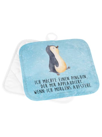 Mr. & Mrs. Panda 2er Set Topflappen  Pinguin marschieren mit Spruch in Eisblau