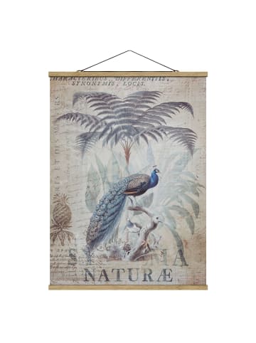 WALLART Stoffbild mit Posterleisten - Shabby Chic Collage - Pfau in Blau