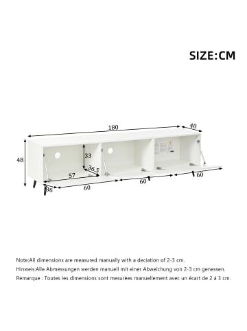 ABRIHOME TV Schrank in Weiß 180x40x48 cm mit 3 Klapptüren für 80 Zoll Fernseher