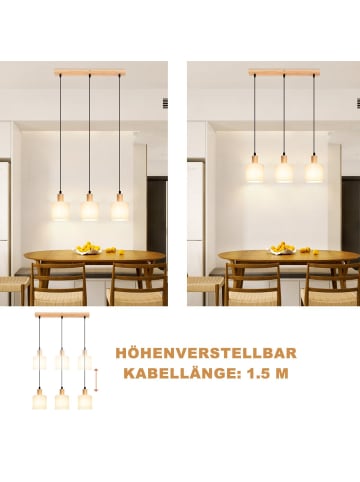 ZMH Pendelleuchte in Weiß 3-flammige E14 Holz Stoffschirm vintage Esszimmerlamp