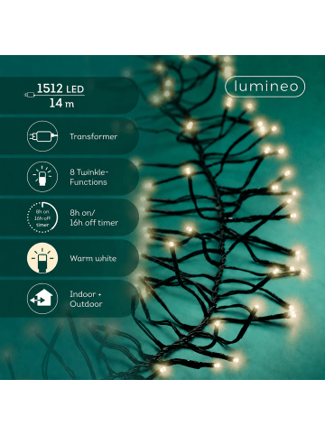 LUMINEO Lichterkette CLUSTER TWINKLE 1512 LED 14 m, schwarzes Kabel in warm weiß