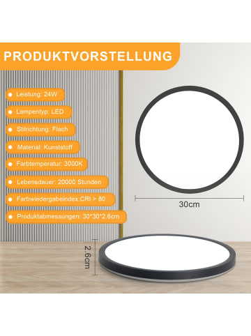 ZMH Deckenleuchte LED in schwarz Ø30cm rund 3000K warmweiß 24W Wohnzimmerlampe