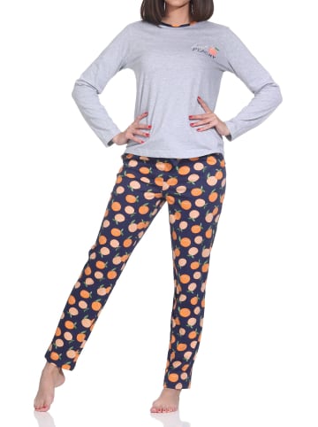 NORMANN Schlafanzug langarm Pyjama Peachy Design in grau-mel.