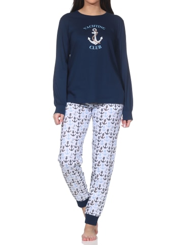 NORMANN Langarm Pyjama Schlafanzug Bündchen Maritimer Look in marine