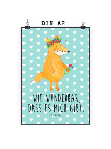 Mr. & Mrs. Panda Poster Fuchs Blumen mit Spruch in Türkis Pastell
