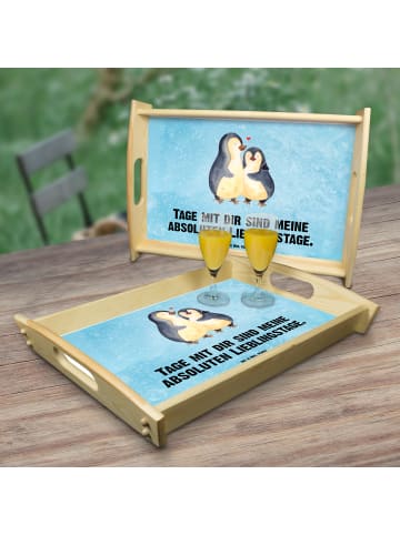 Mr. & Mrs. Panda Holztablett Pinguin umarmen mit Spruch in Eisblau