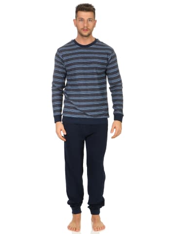 NORMANN Frottee Schlafanzug lang Bündchen Pyjama Streifen - 51687 in marine