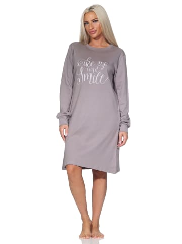 NORMANN Langarm Kuschel Interlock Nachthemd Langarm Frontprint in sand