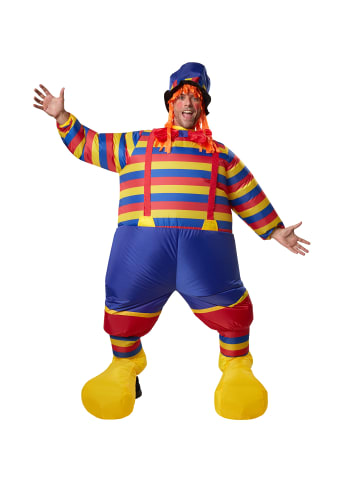 tectake Buntes Clownskostüm mit Hosenträgern, Fliege und Hut, bunt